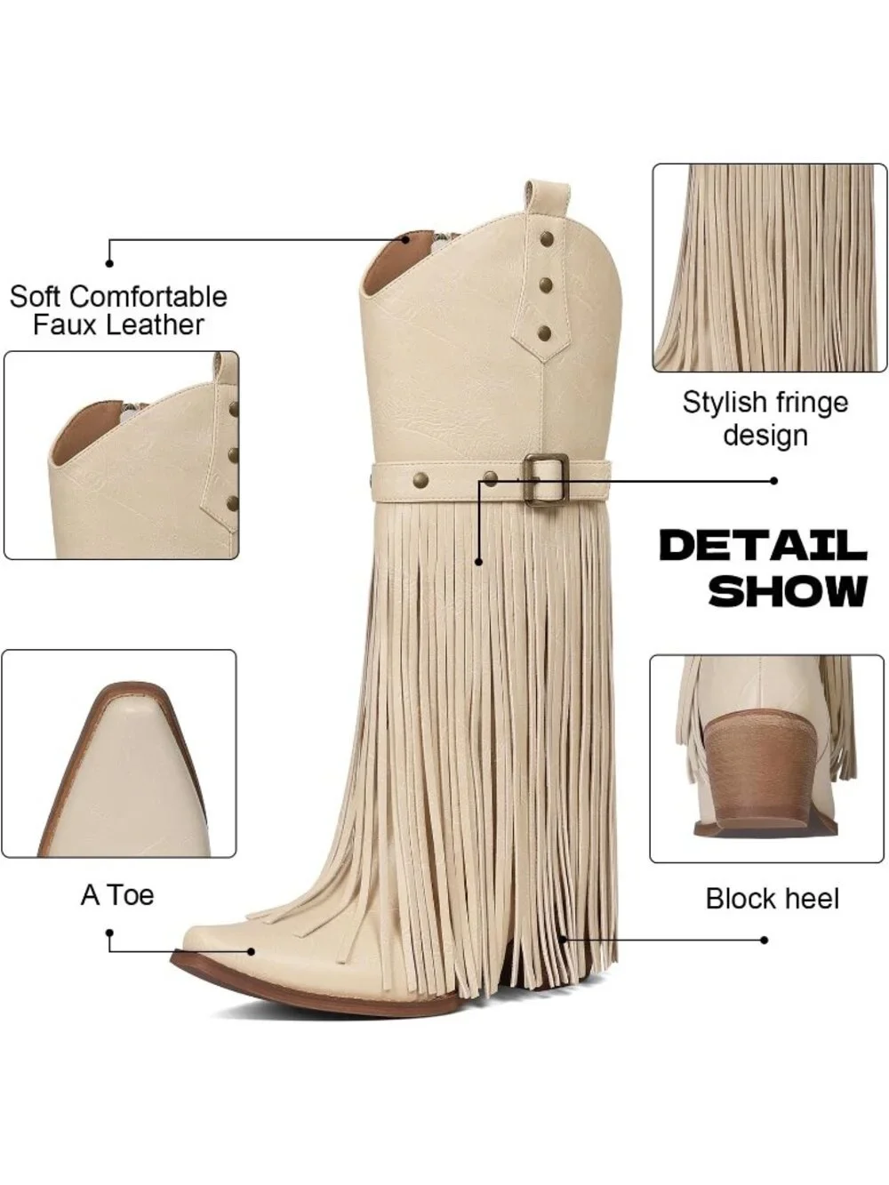 Women's Beige Retro Block Chunky Fringe Wide Calf Western Knee High Long Boots